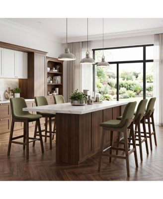 Set of 6 Counter Height Bar Stools, Polyester Upholstered, Solid Wood Frame, Low Back Scoop Back