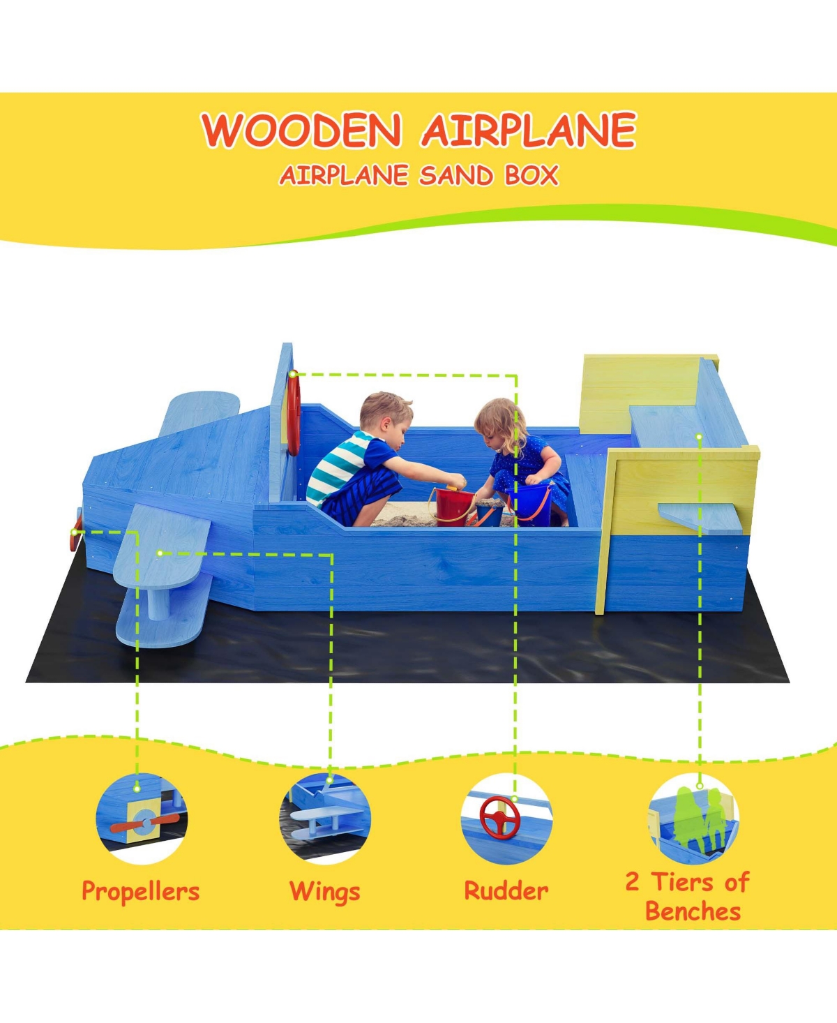 homfan Airplane Themed Wooden Sand and Water Table, Fir Wood Sandbox with Adjustable Rotatable Canopy for Kids Ages 3 to 8