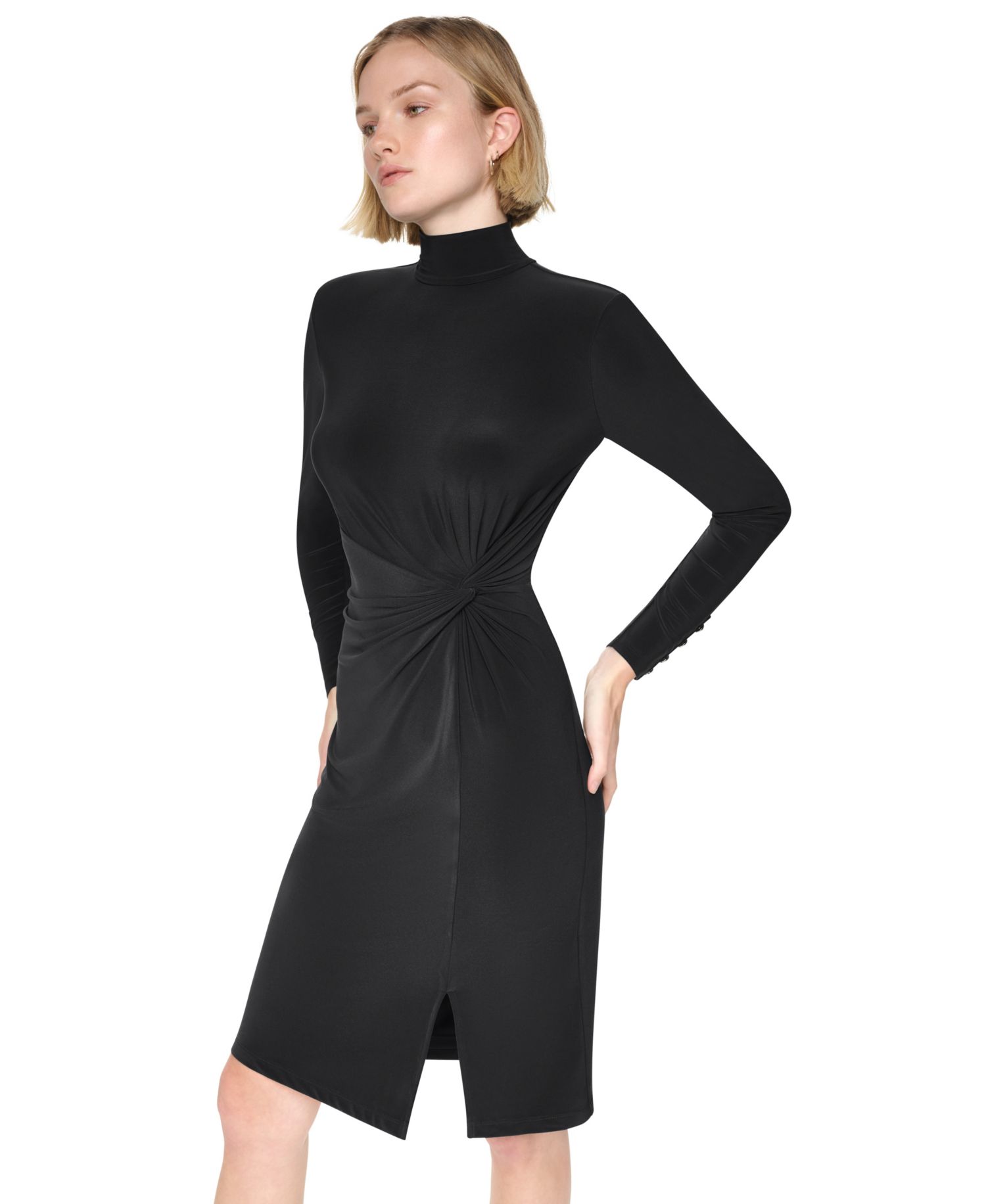 Women's Long-Sleeve Mock-Neck Knot-Front Sheath Dress