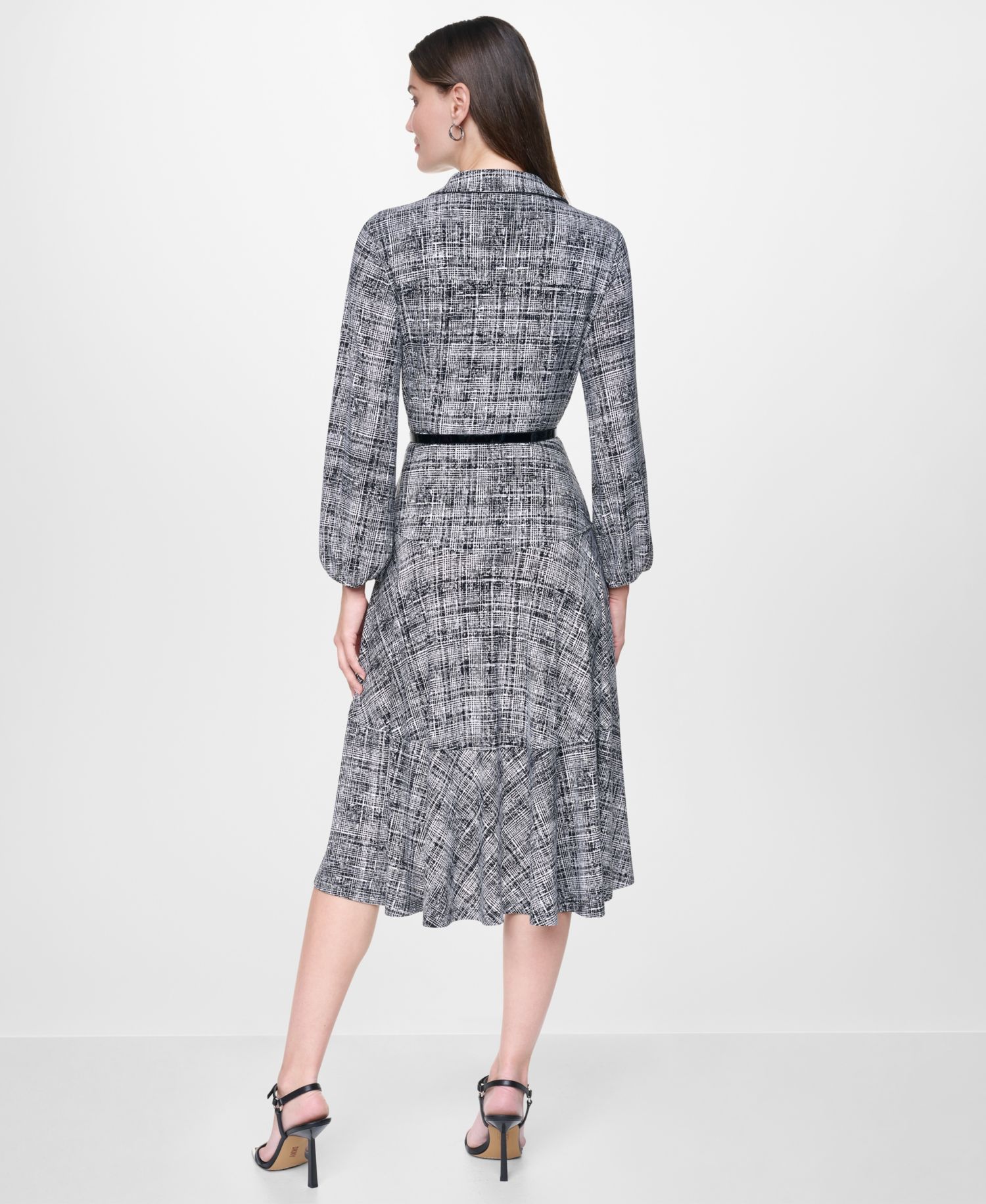 Women's Long Balloon-Sleeve High-Low-Hem Printed Shirt Dress