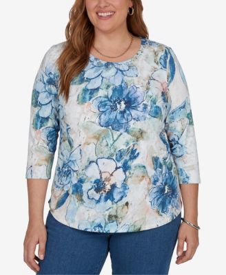 Plus Size Etched Florals 3/4-Sleeve Ruched T-Shirt