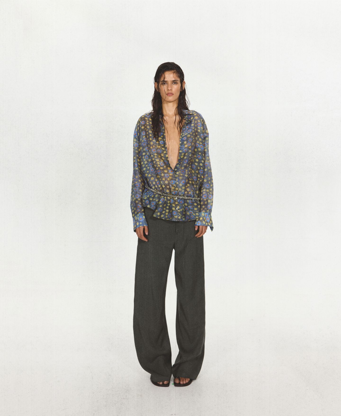 Женская блузка Mango Semi-Sheer Long-Sleeve Printed, цвет: Чёрный — фото 2