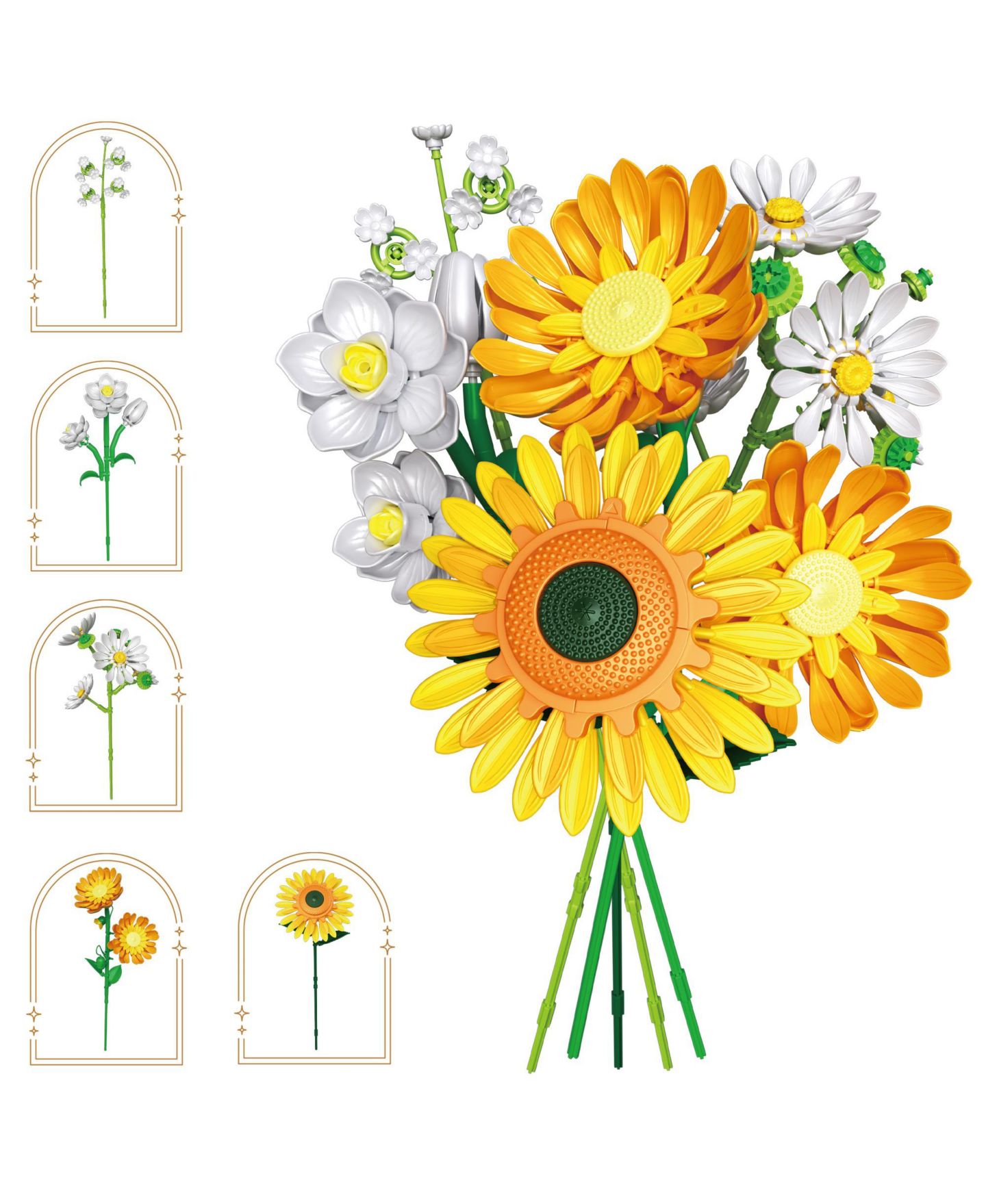 Детский конструктор Contixo BK11 Sunflower Bouquet Building Set, 415-Piece Yellow Floral Brick Kit with Daisies, Daffodils & Adjustable Stems, Creative Home Décor Gift, цвет: Жёлтый / Белый — фото 2