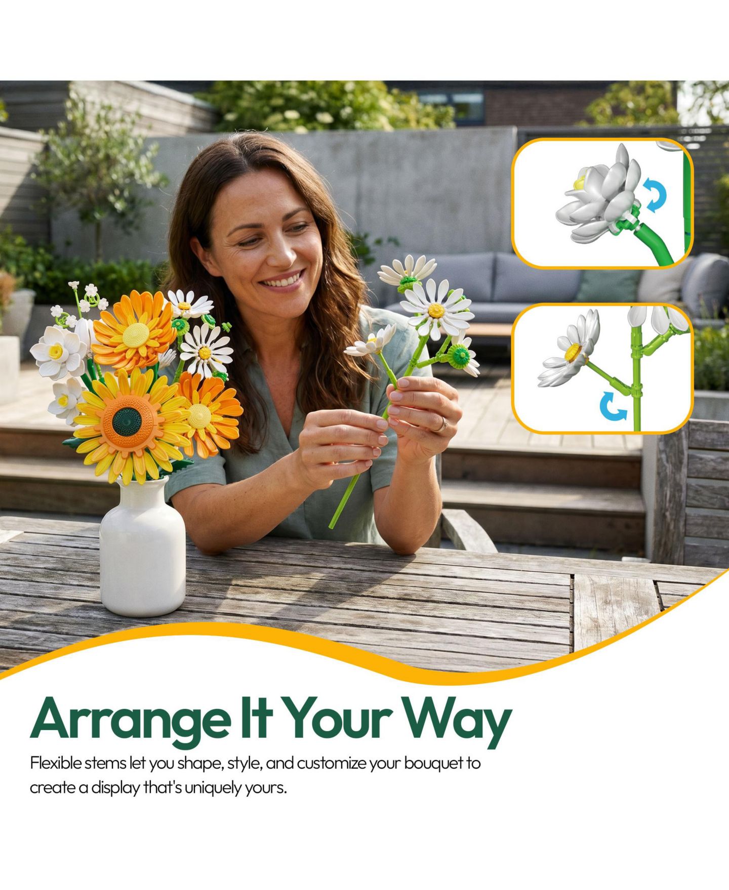 Детский конструктор Contixo BK11 Sunflower Bouquet Building Set, 415-Piece Yellow Floral Brick Kit with Daisies, Daffodils & Adjustable Stems, Creative Home Décor Gift, цвет: Жёлтый / Белый — фото 10