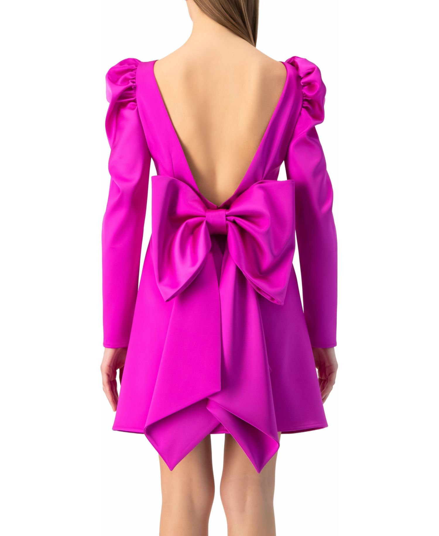 Women's Puff-Sleeve Open-Back Bow Mini Dress in Satin