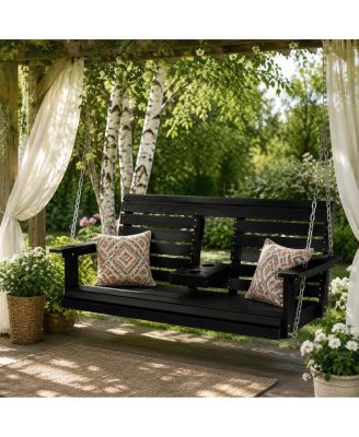 5 Ft Poly Lumber 3-Seat Porch Swing, HIPS Bench Swing with Foldable Cup Holders,High Backrest and Deep Contoured Seat