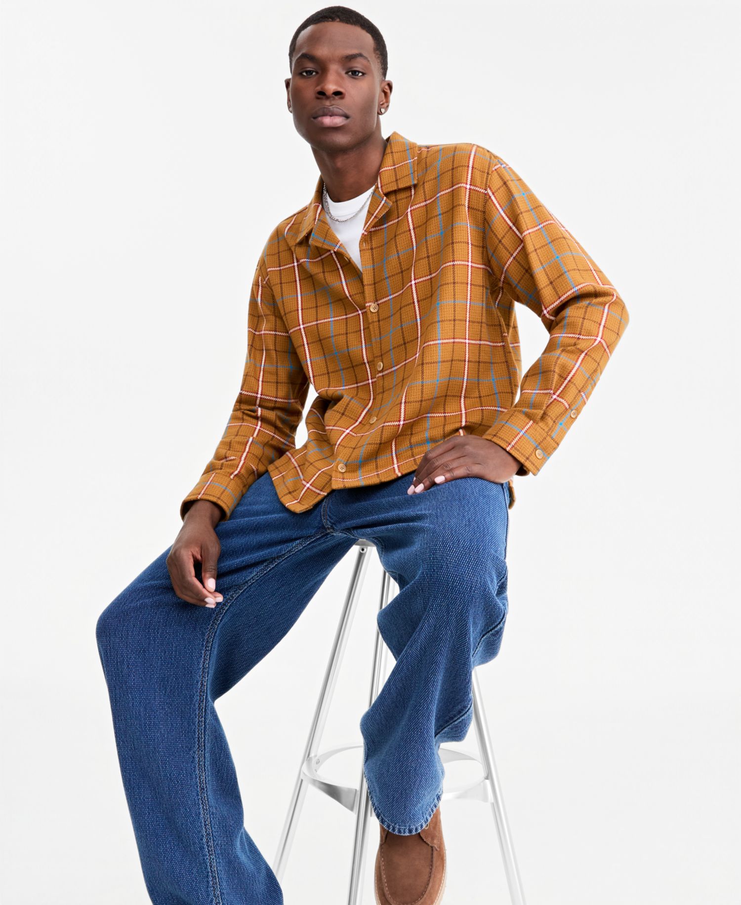 Men's Camp-Collar Plaid Shirt