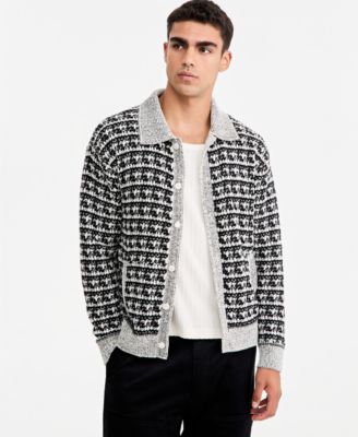 Men's Geometric-Print Spread-Collar Ribbed-Cuff Cardigan