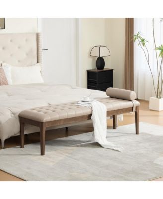 66" Upholstered End of Bed Bench with Headrest, Nano Leather Upholstery Button-Tufted Bench, Solid Rubberwood Legs, Entryway Shoe Bench