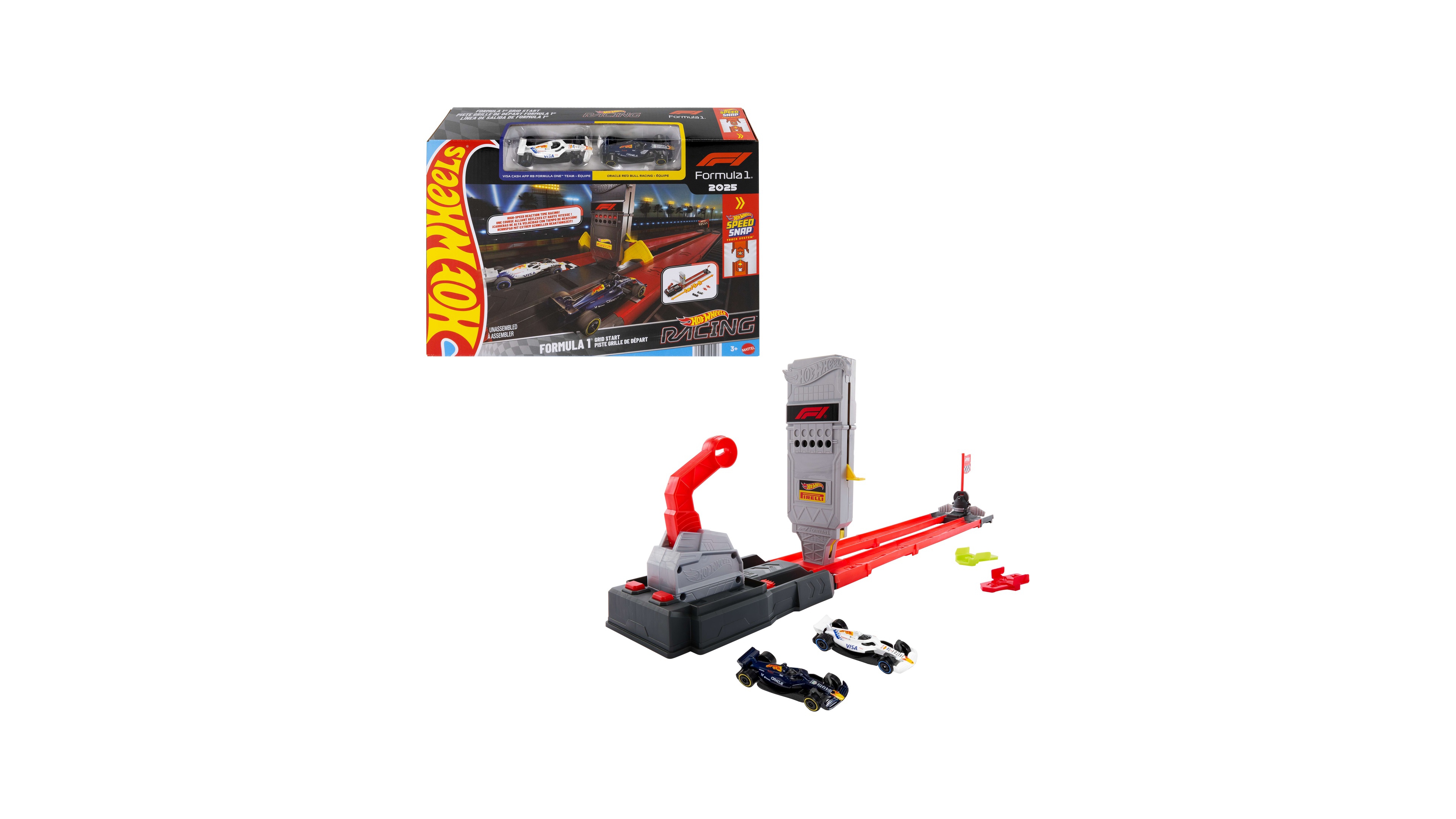 Hot Wheels 1:64 Scale Racing Formula 1 Grid Start Track Set & 2 Die-Cast F1 Cars
