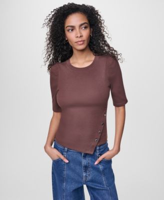 Women's Asymmetric Hemline Puff Elbow-Sleeve Top