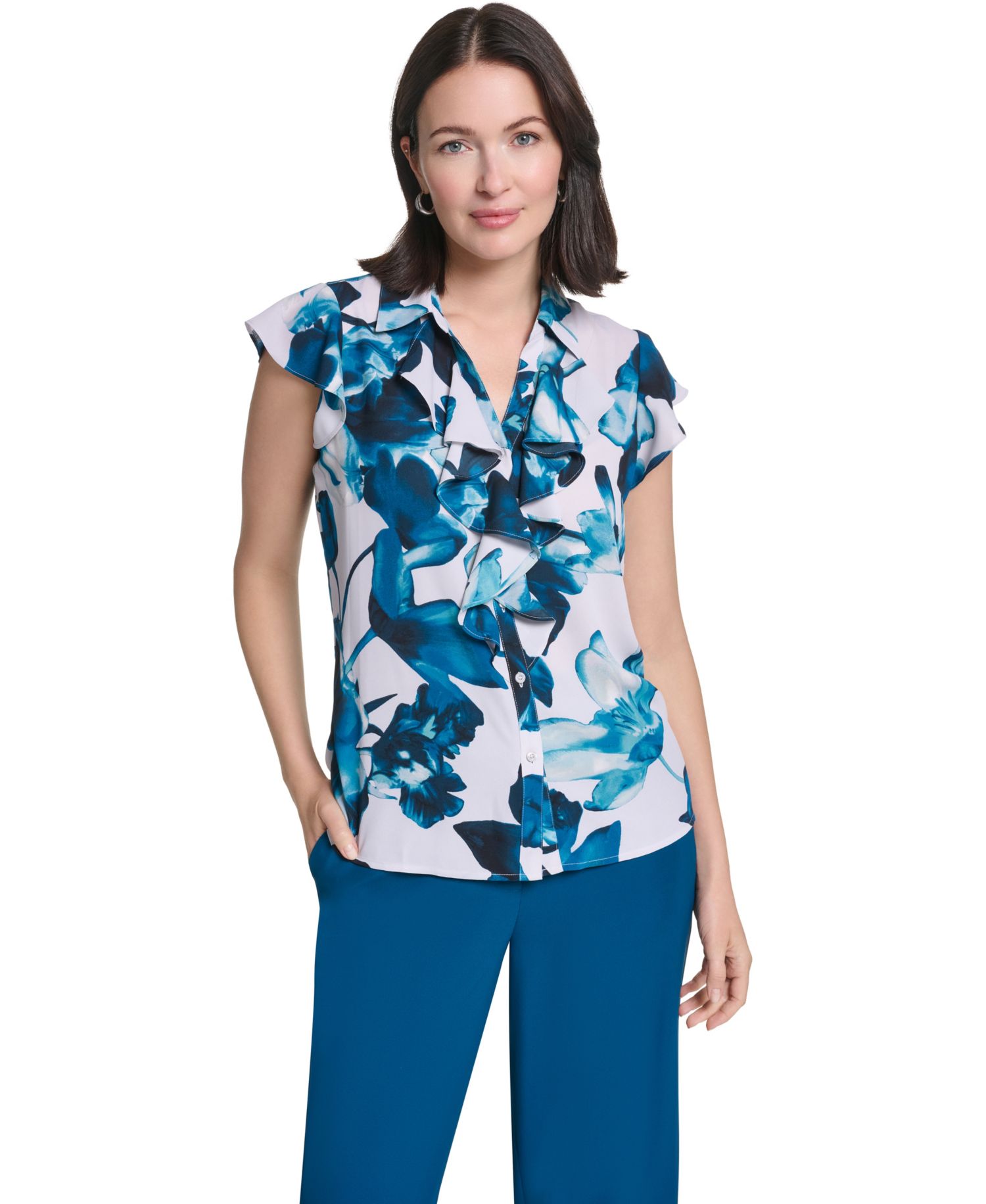 Women's Ruffle Front Floral Collared Blouse