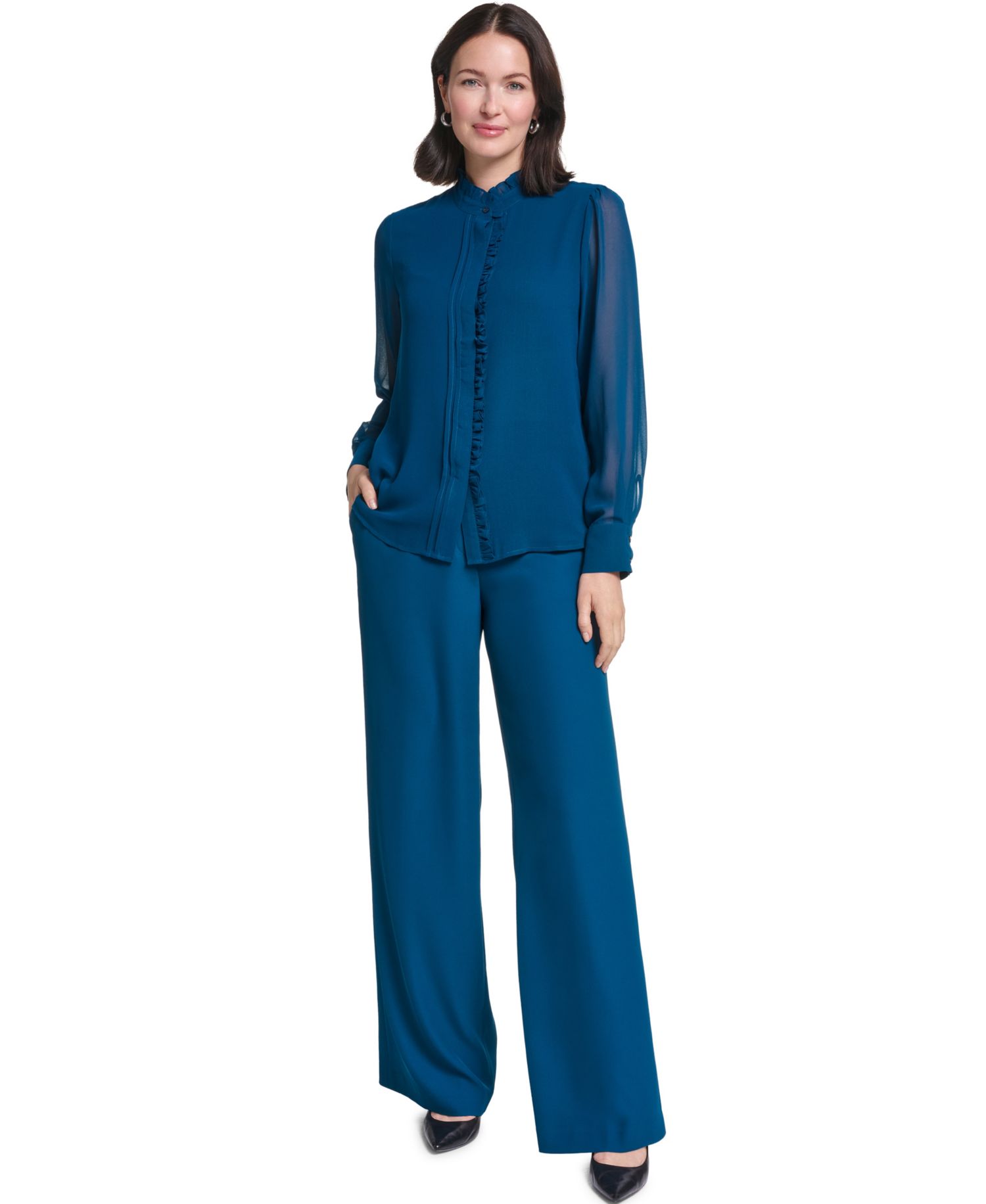 Women's Long-Sleeve Mock Neck Ruffle Front Blouse