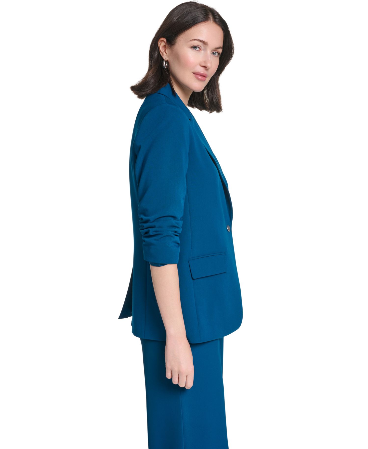 Women's Ruched 3/4-Sleeve Notch Collar One-Button Jacket
