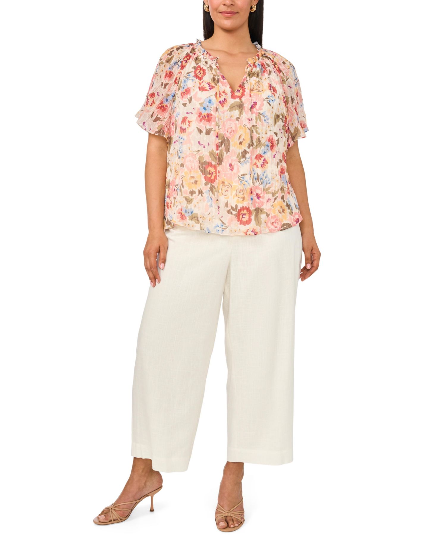 Plus Size Floral Chiffon Ruffle Blouse