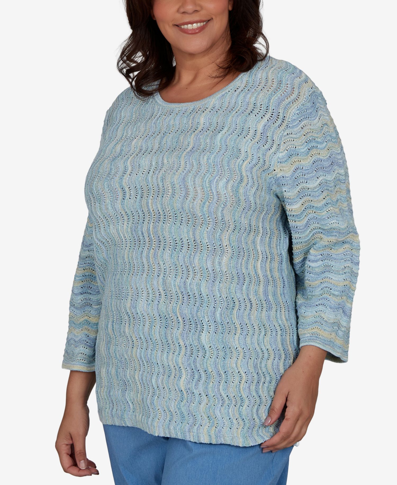 Plus Size Provence Textured Scalloped-Stripe Sweater