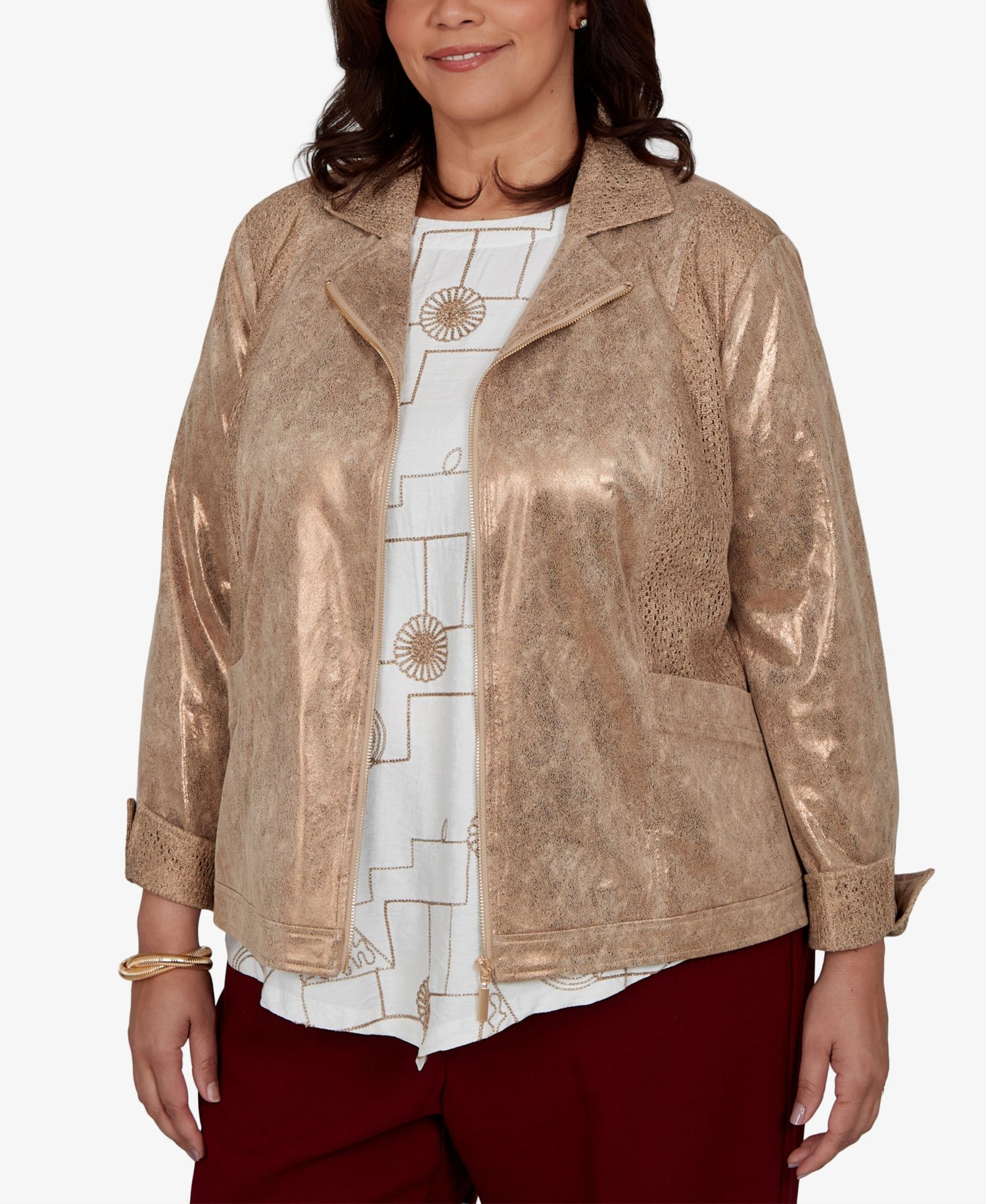 Plus Size Union Square Mixed Media Knit Back 3/4-Sleeve Zip-Front Jacket
