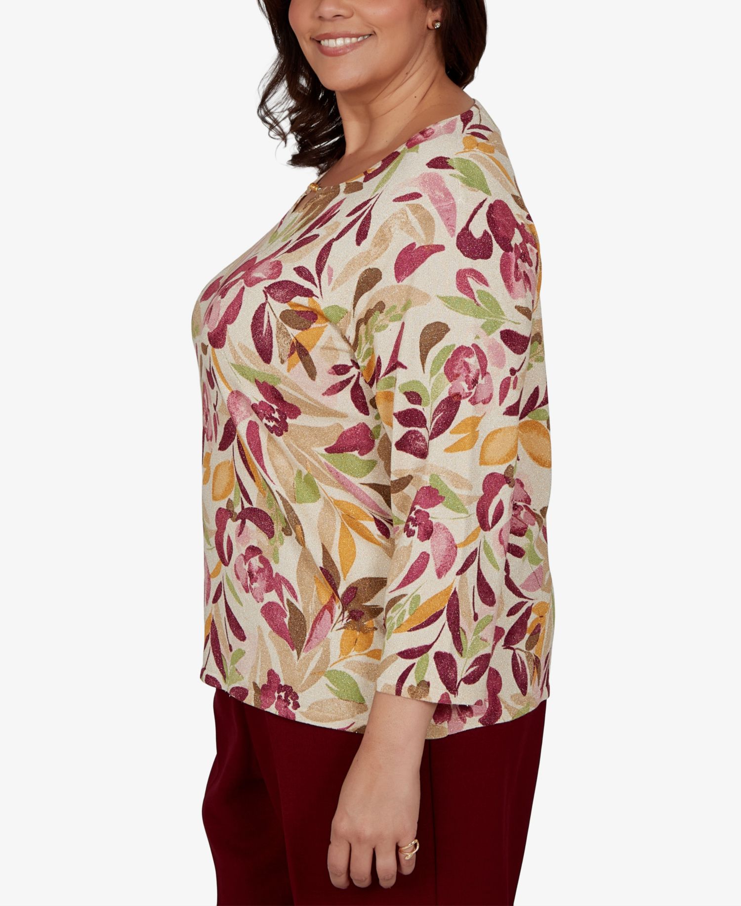 Plus Size Union Square Floral-Print 3/4-Sleeve Shimmer Sweater