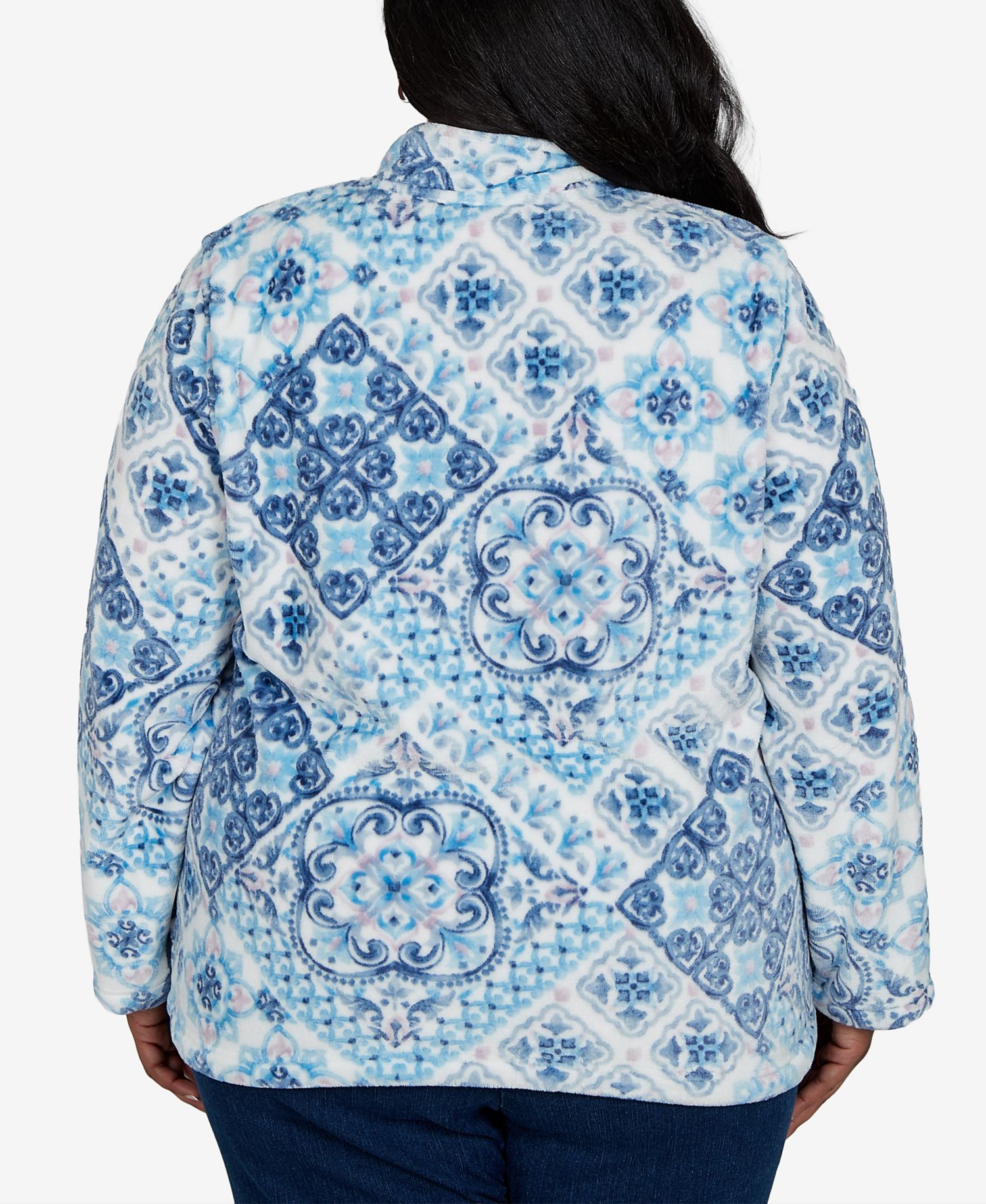 Plus Size Classic Soft Medallion Fleece Geometric-Print Zip-Front Jacket
