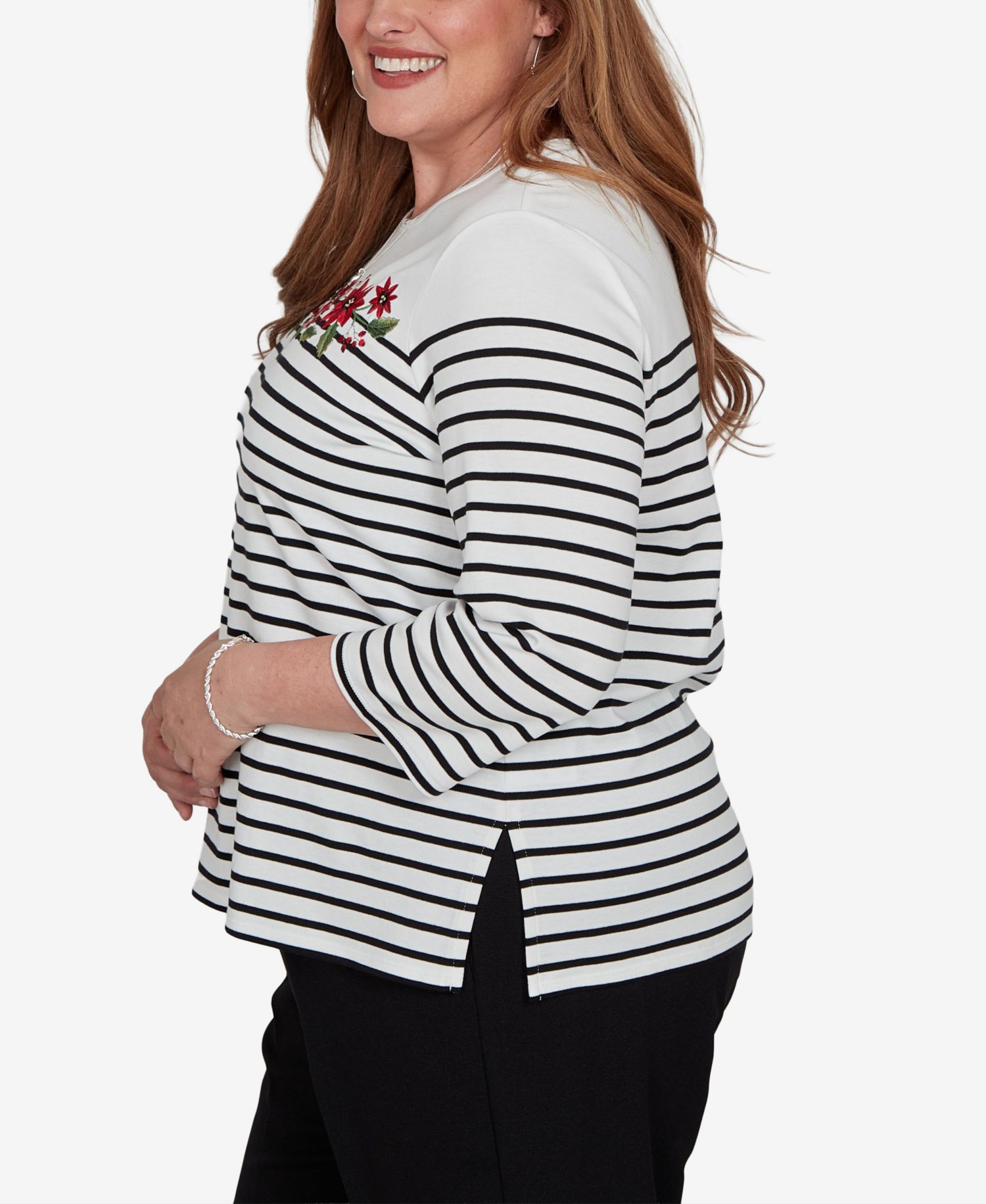 Plus Size Stripe 3/4-Sleeve Crewneck Knit Top