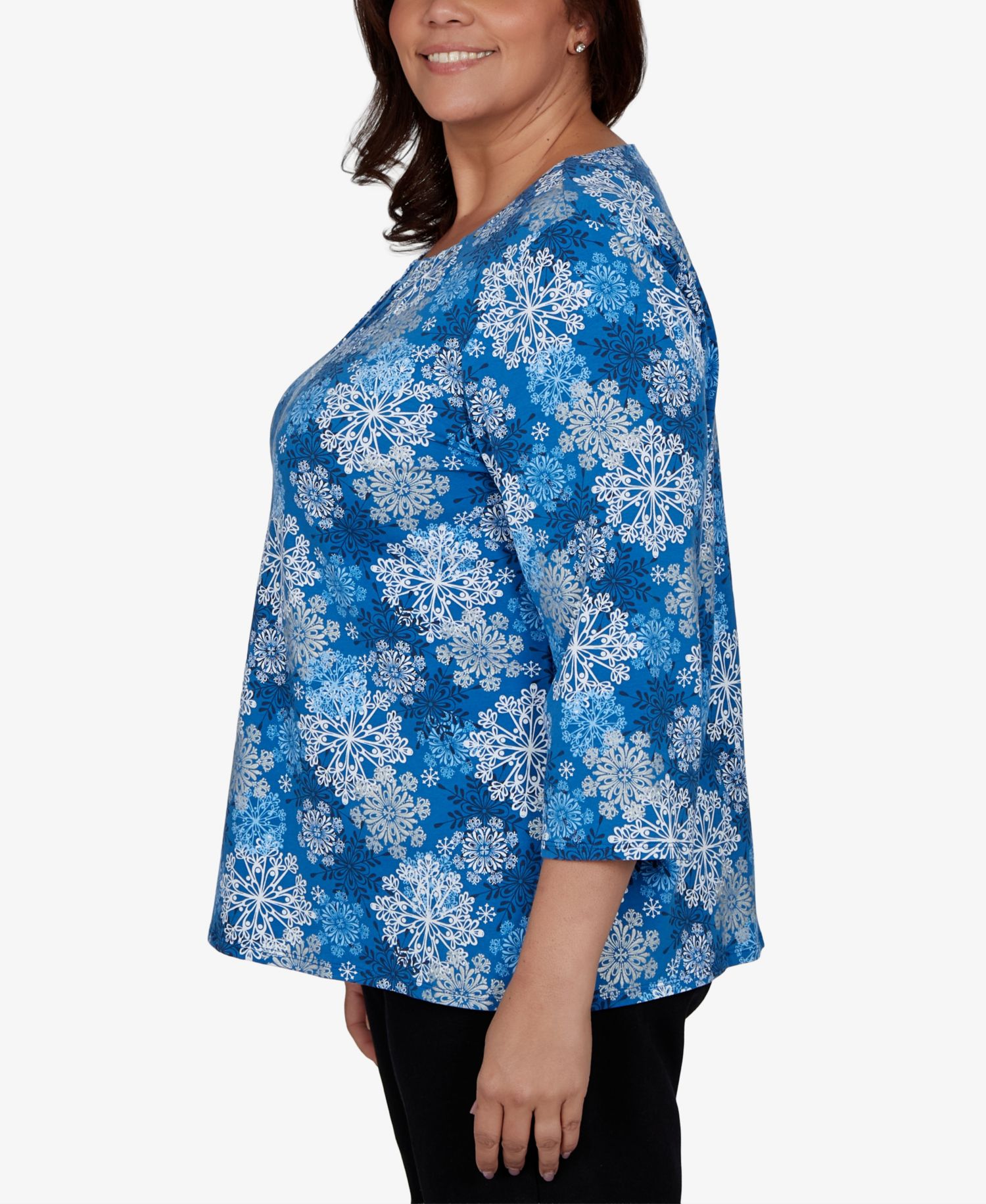 Plus Size Snowflake-Print 3/4-Sleeve Knit Top