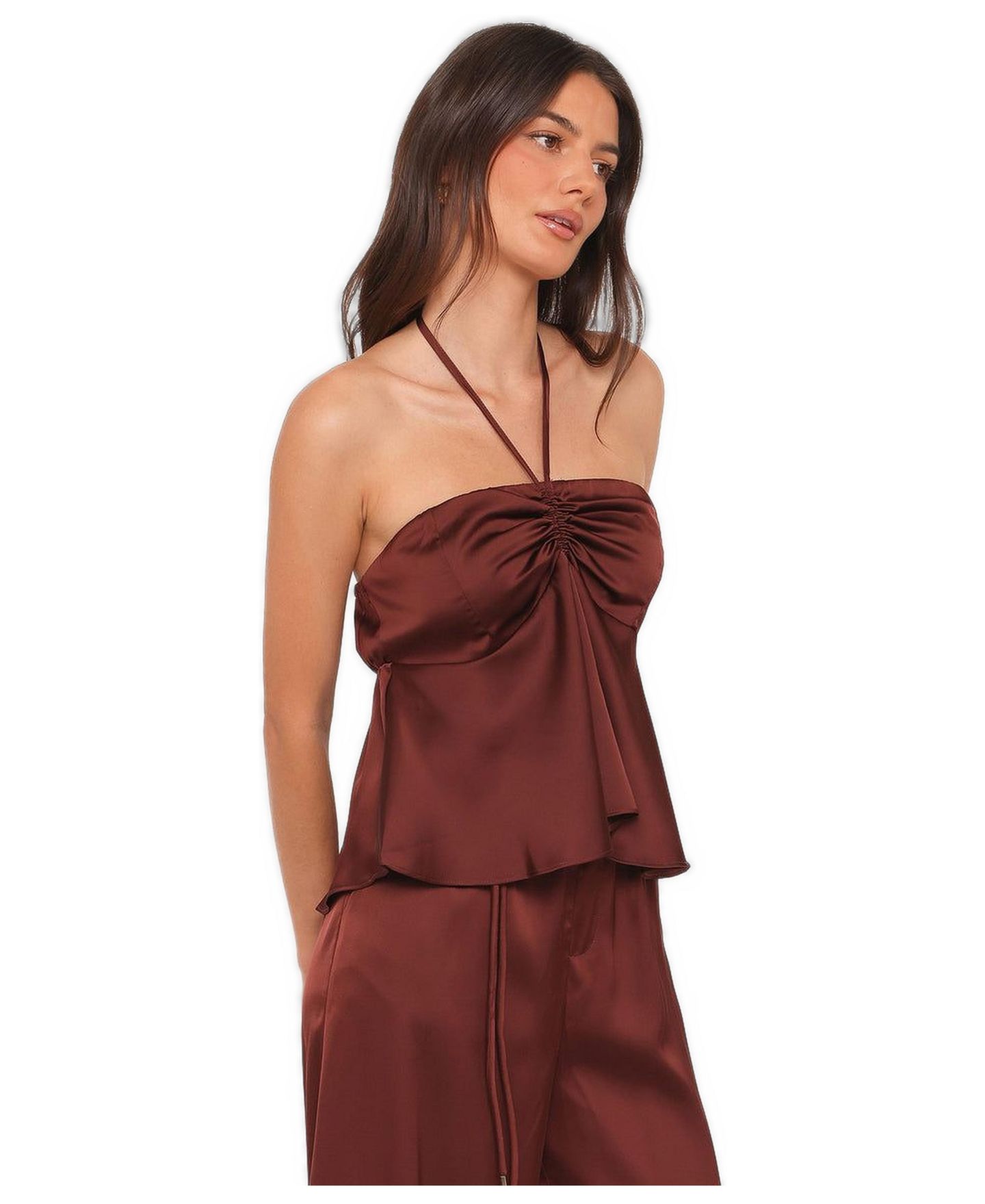 Женский топ Petal and Pup Vita Halter Open-Back Satin, цвет: Коричневый — фото 2