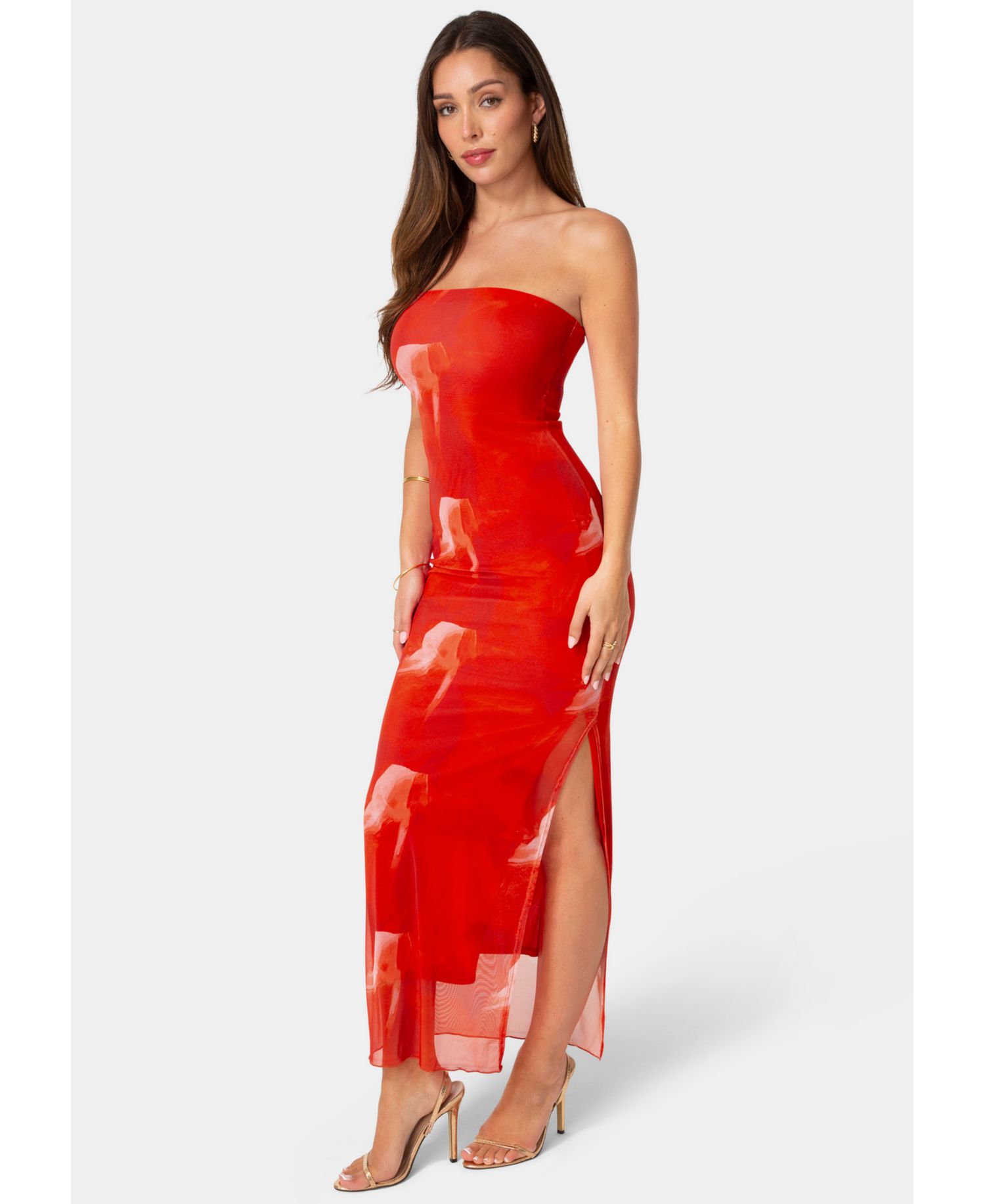 Women's Printed Mesh Strapless Maxi Dress