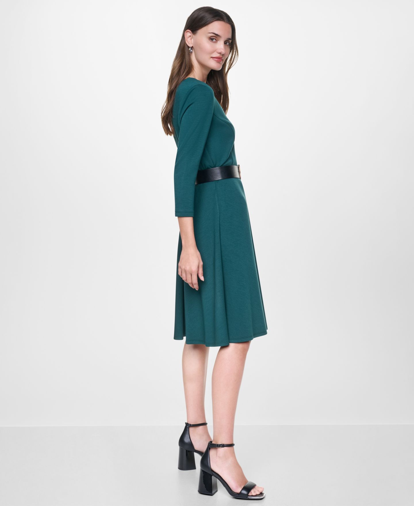 Женское платье DKNY Petite V-Neck 3/4 Sleeve Fit & Flare, цвет: Malachite — фото 2