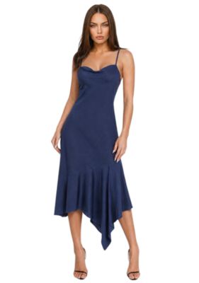 Women's Crushed Satin Cowl Hanky Flounce Maxi Dress