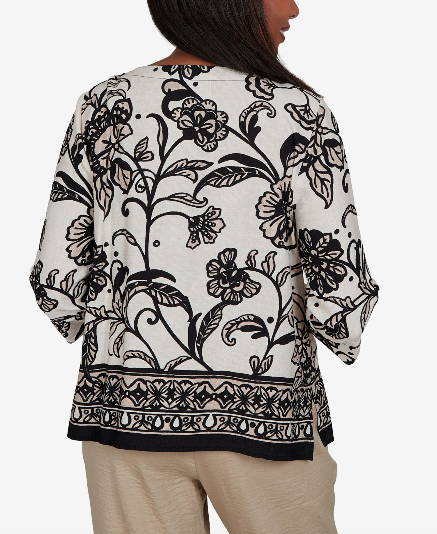 Petite Travel Advisory Scroll Border 3/4-Sleeve Floral Top