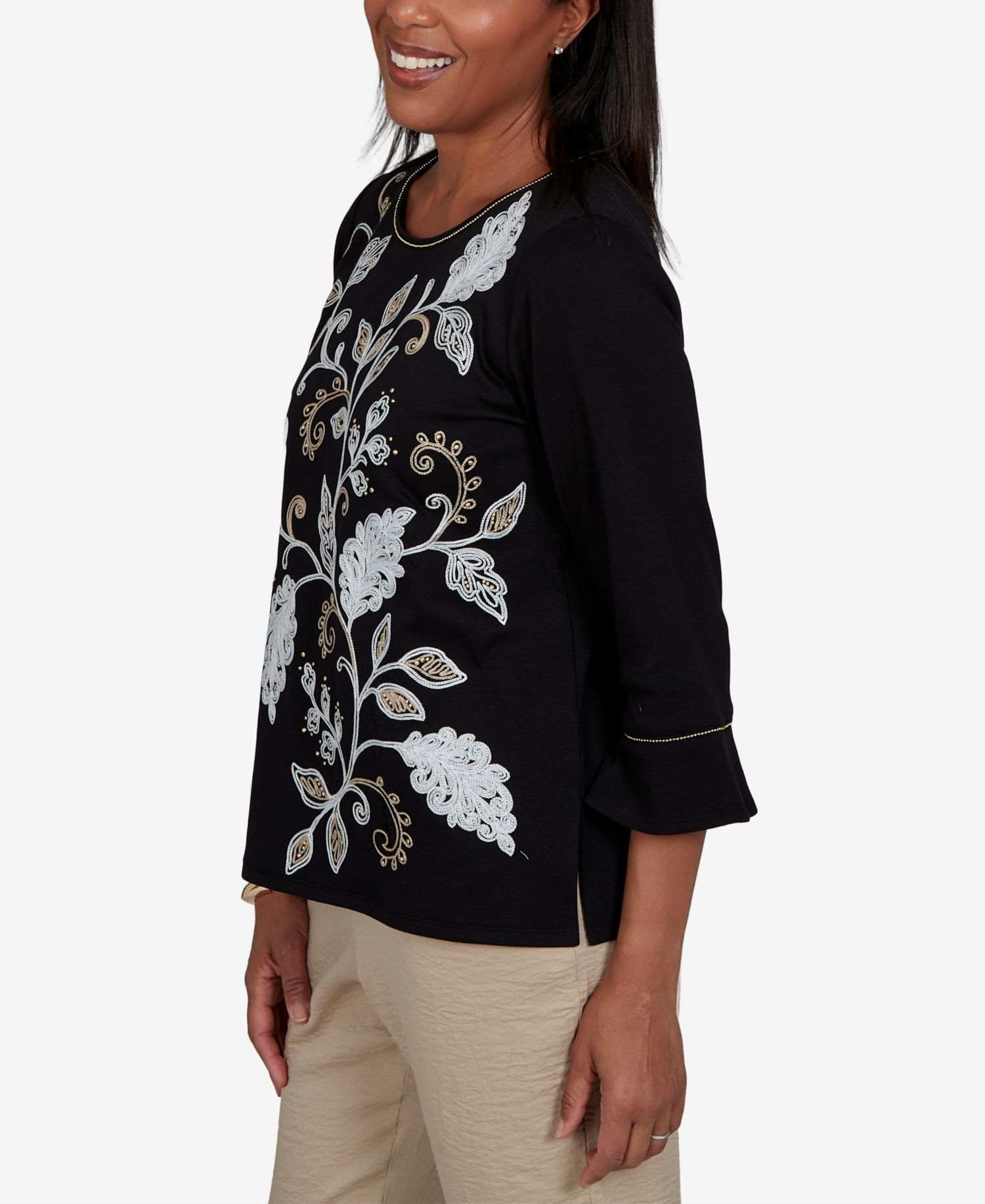 Petite Travel Advisory Scroll Leaf Embroidered 3/4 Sleeve Crewneck Top
