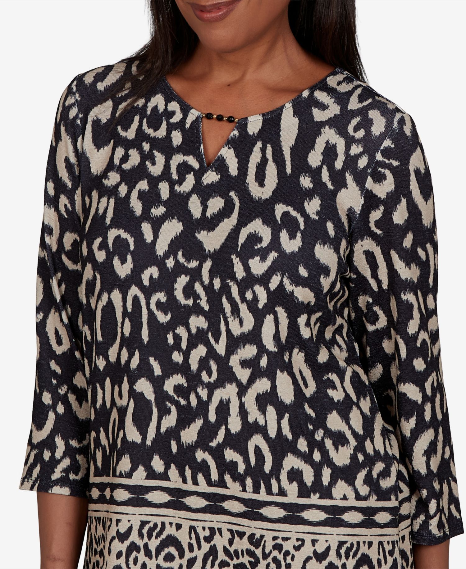 Petite Animal-Print Split-Neck 3/4-Sleeve Top