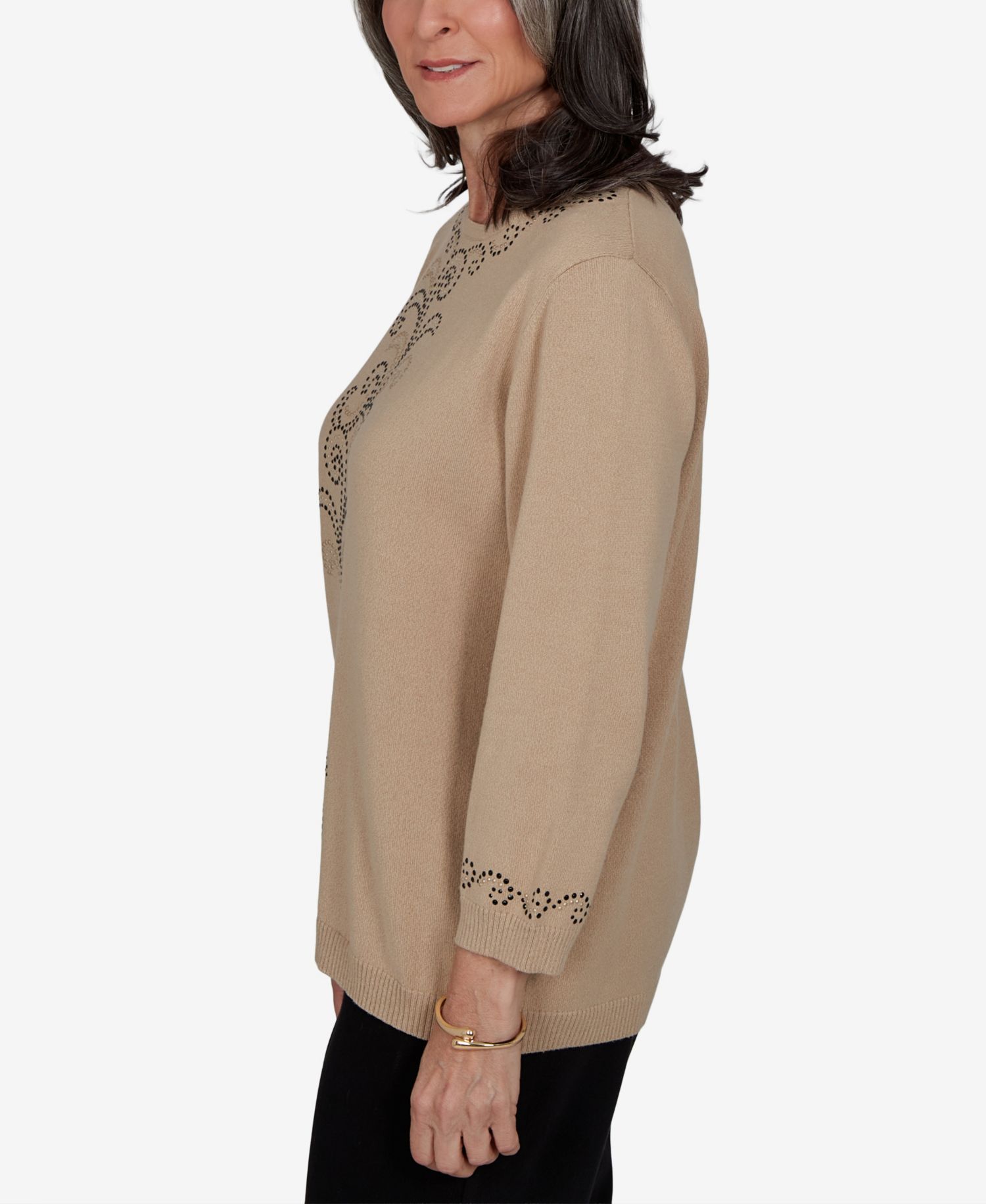 Petite Travel Advisory Beaded Scroll Embellished 3/4-Sleeve Sweater