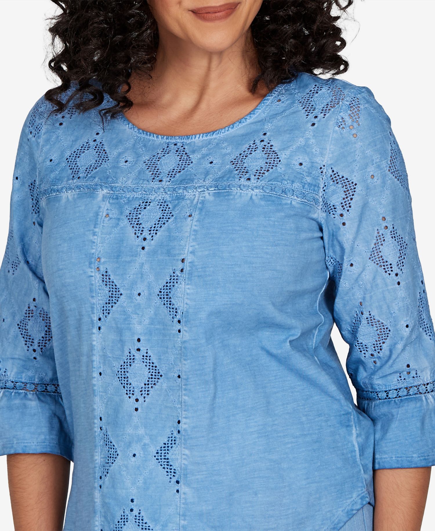 Petite Provence Tonal Diamond Applique Crewneck 3/4-Sleeve Top