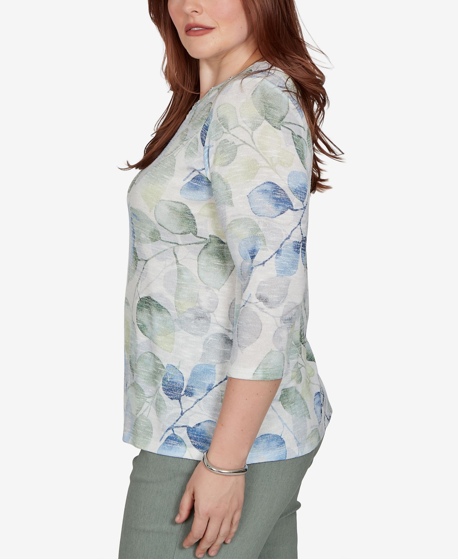 Petite Provence Watercolor Leaf Print 3/4 Sleeve Top