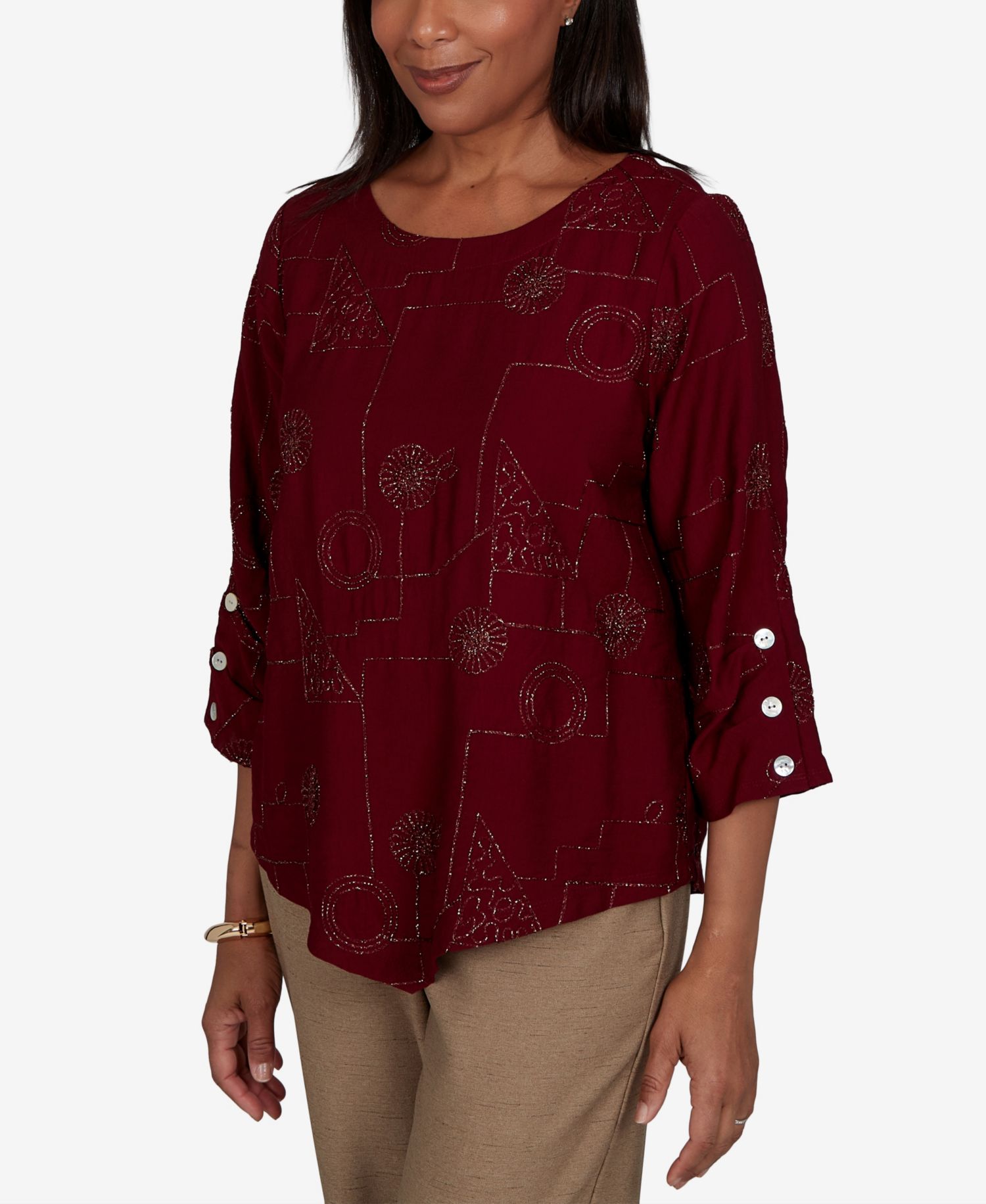 Petite Union Square Geometric-Floral 3/4-Sleeve Crewneck Rayon-Nylon Blend Blouse
