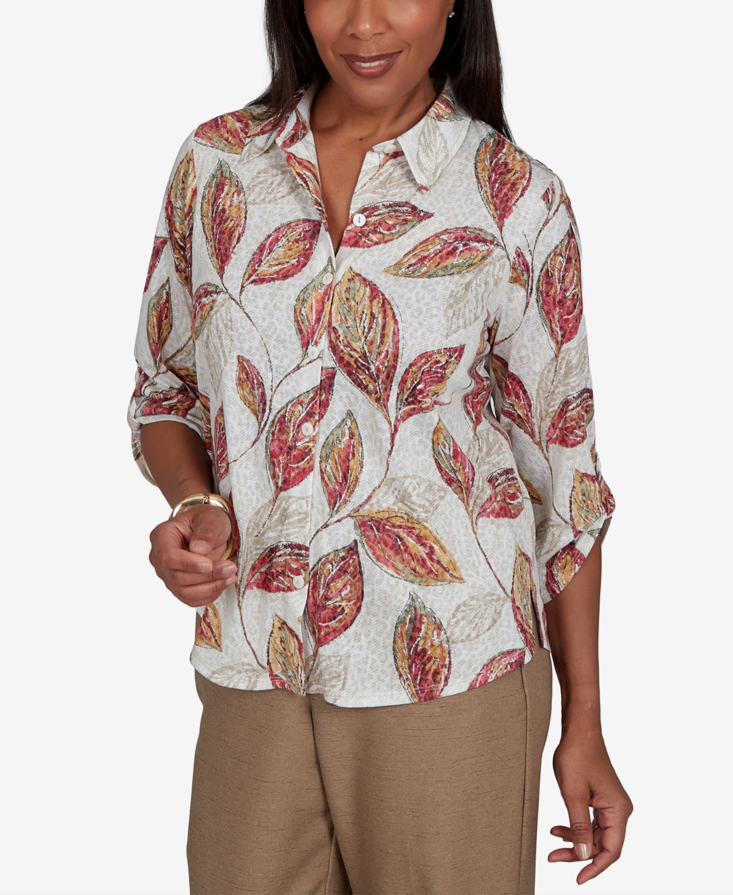 Petite Union Square Sketched-Leaf Print Roll-Tab Sleeves Button-Front Top