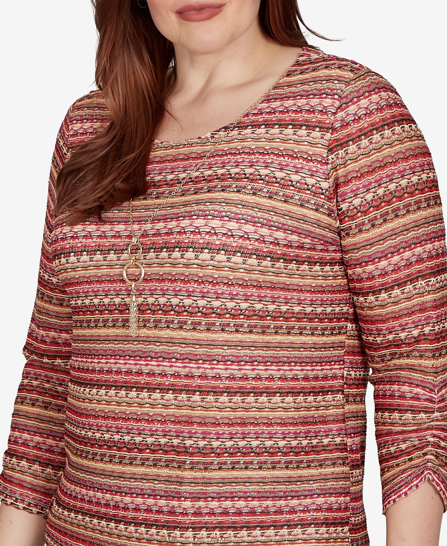 Petite Union Square Spacedye-Stripe 3/4-Sleeve Top with Necklace