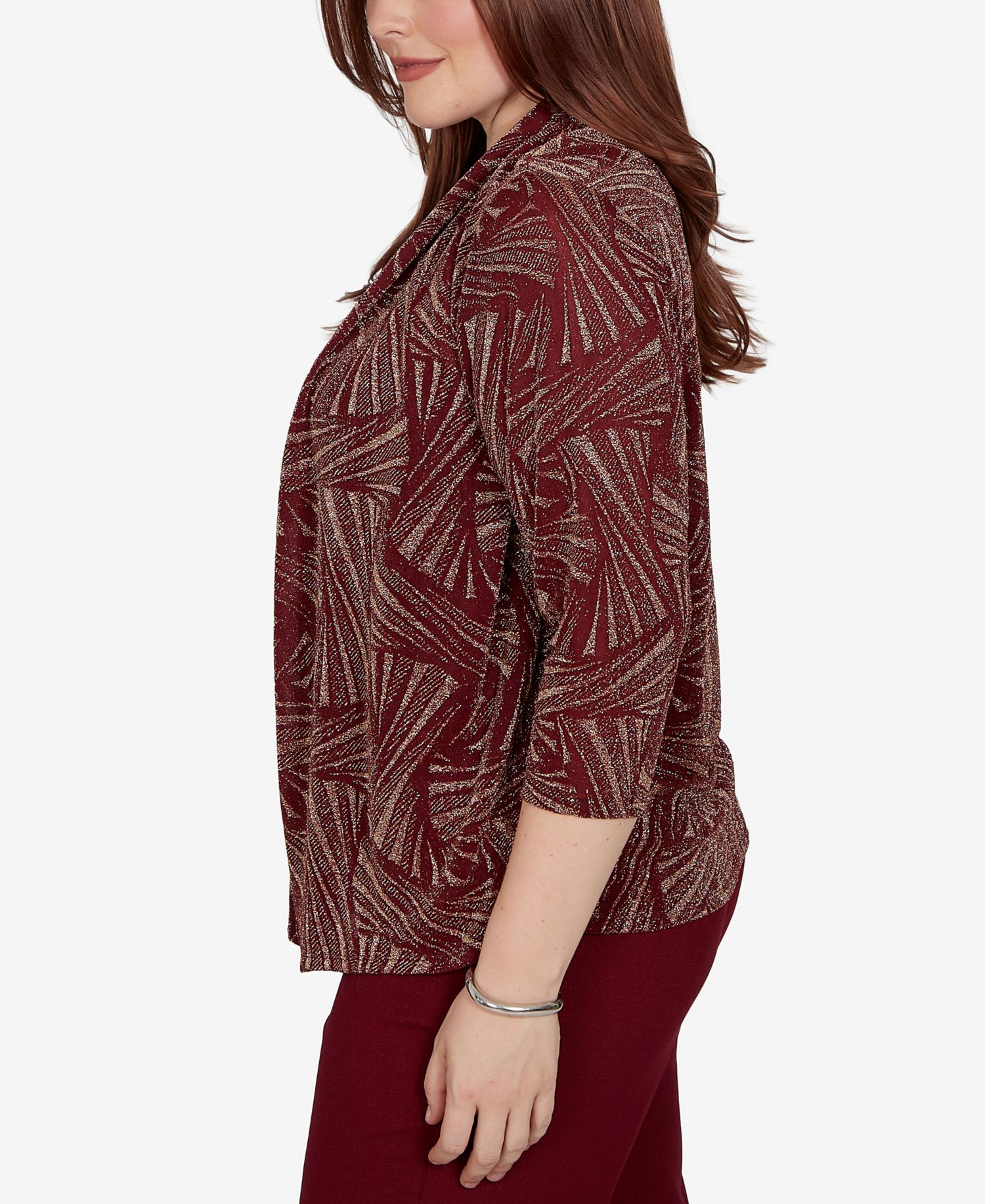 Petite Union Square Shimmer Abstract Two In One 3/4-Sleeve Top With Necklace