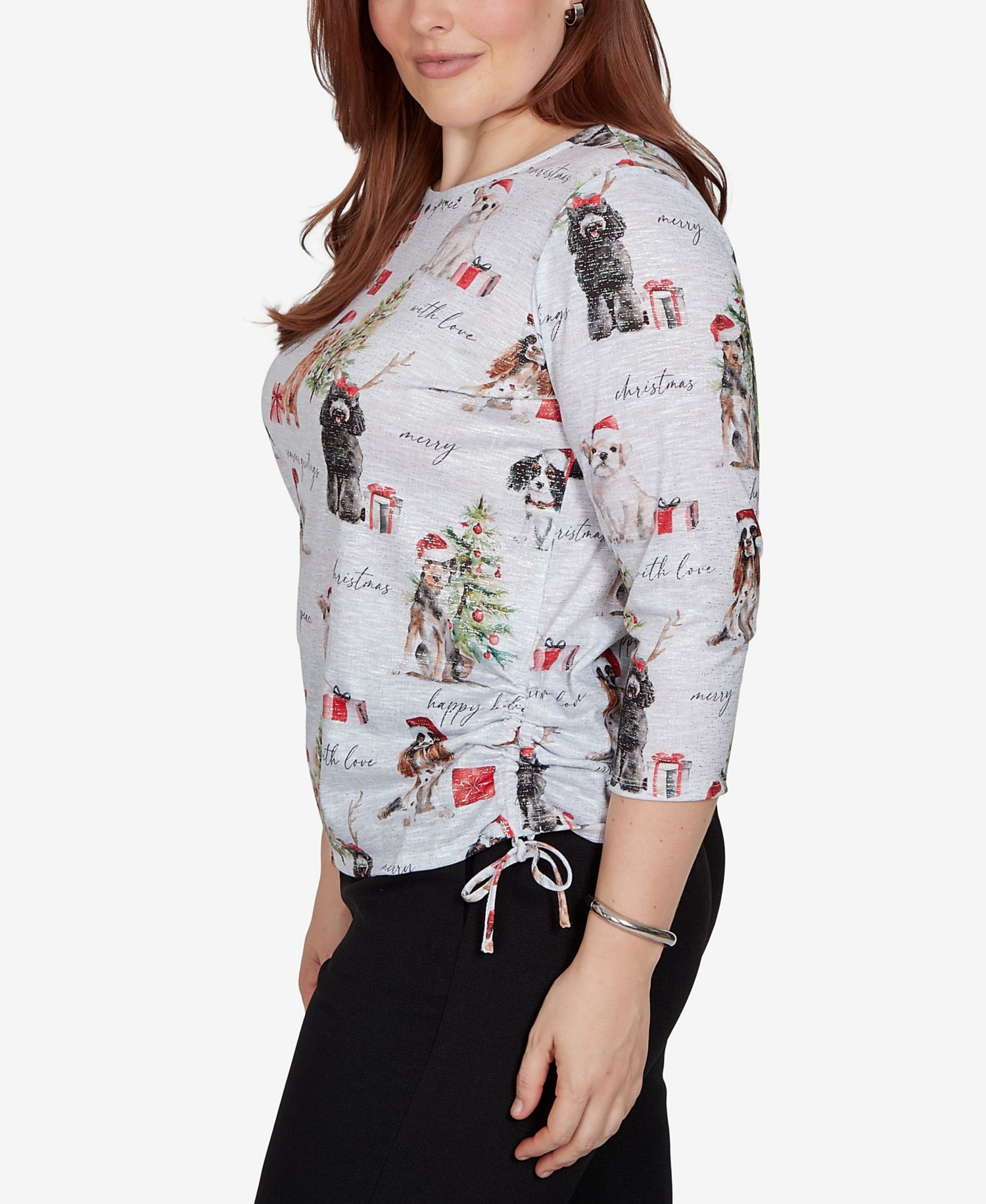 Petite Classic Gift Giving Dogs Holiday 3/4 Sleeve Knit Top