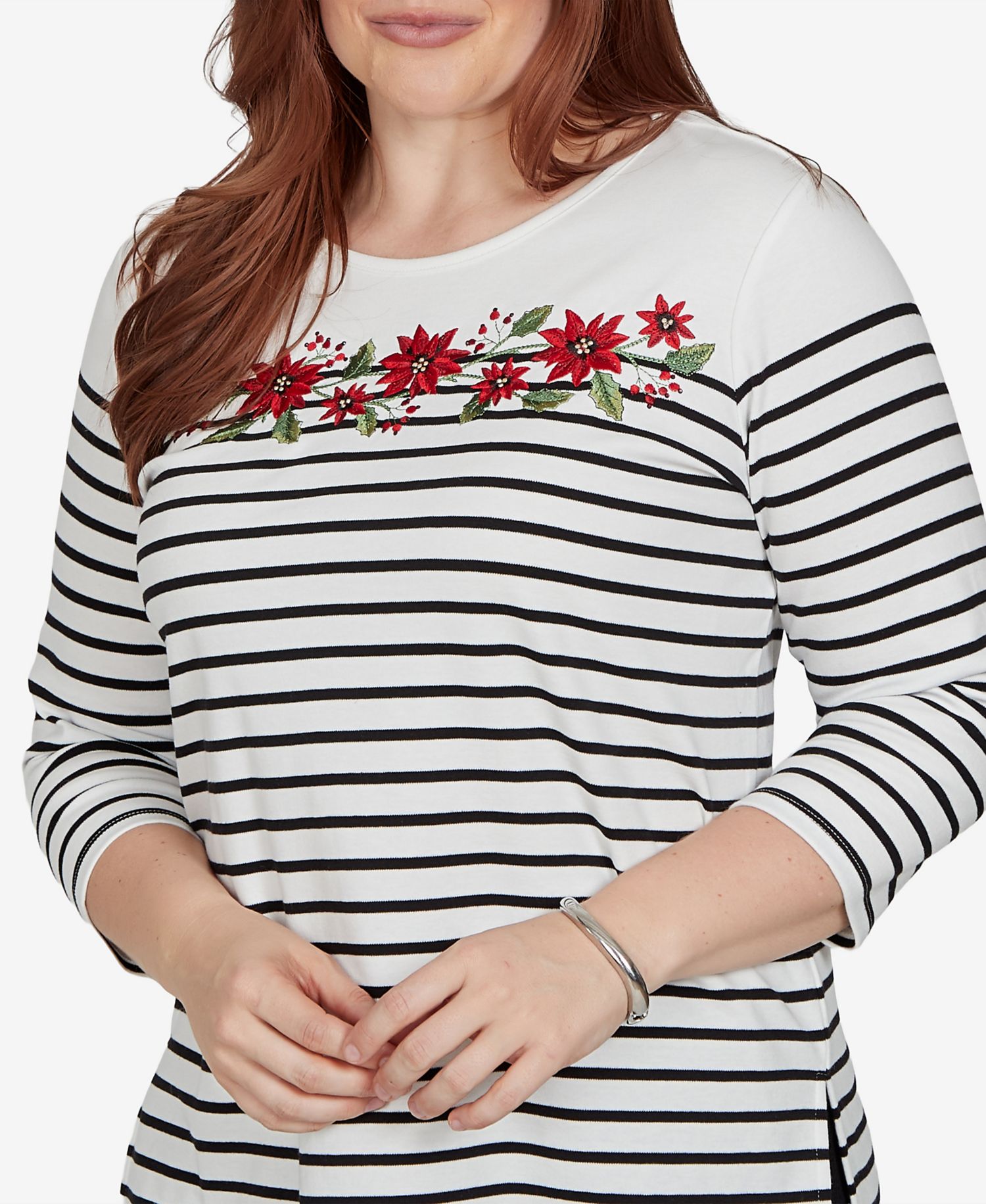 Petite Poinsettia Stripe 3/4 Sleeve T-Shirt
