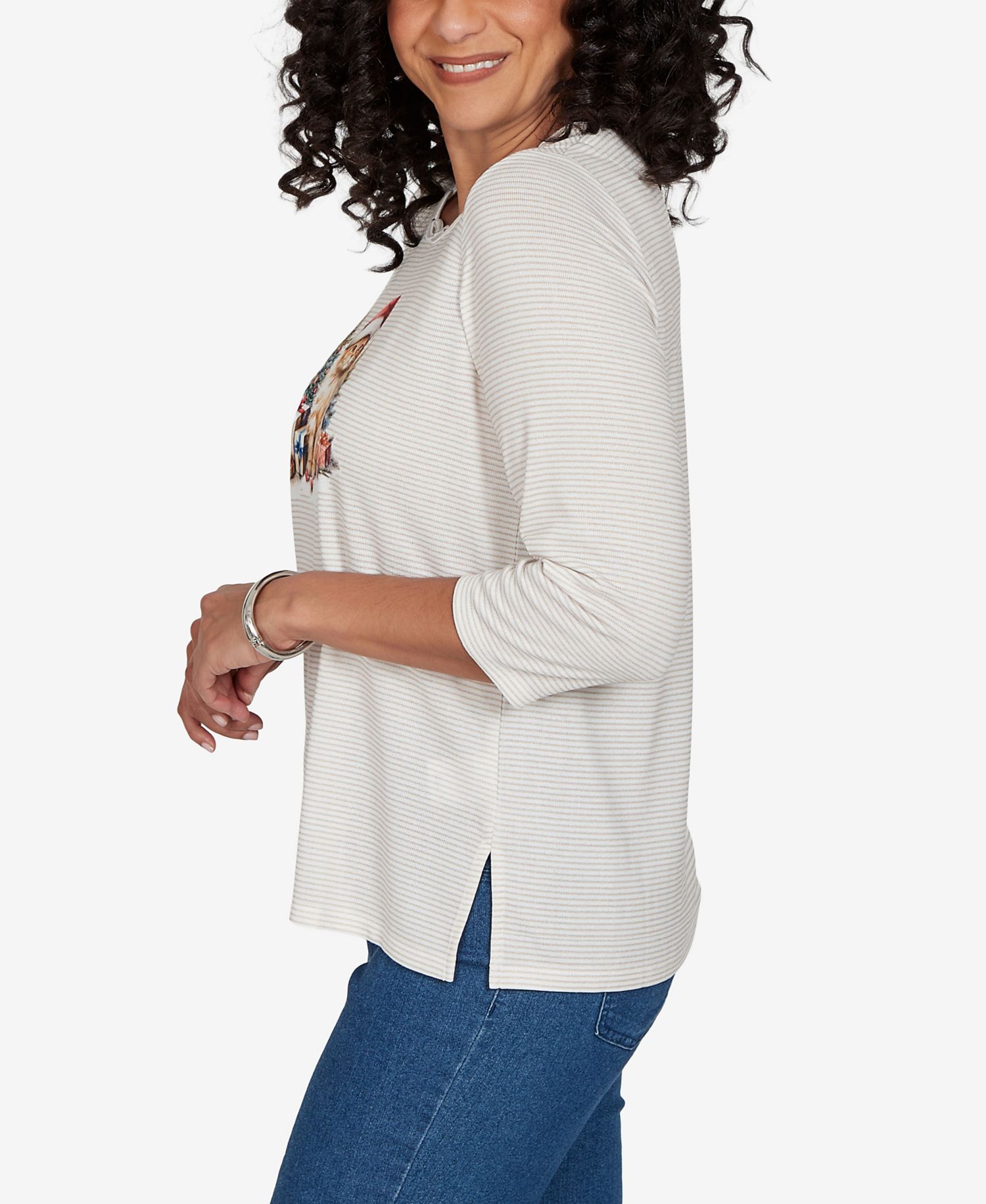 Petite Santa Cat Holiday 3/4-Sleeve Knit Top