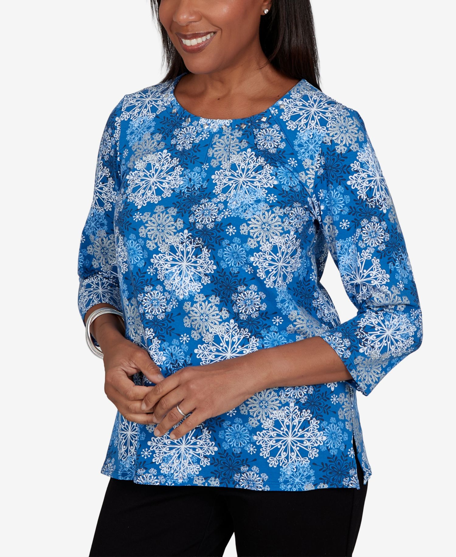 Petite Snowflake Print 3/4-Sleeve Holiday Knit Top