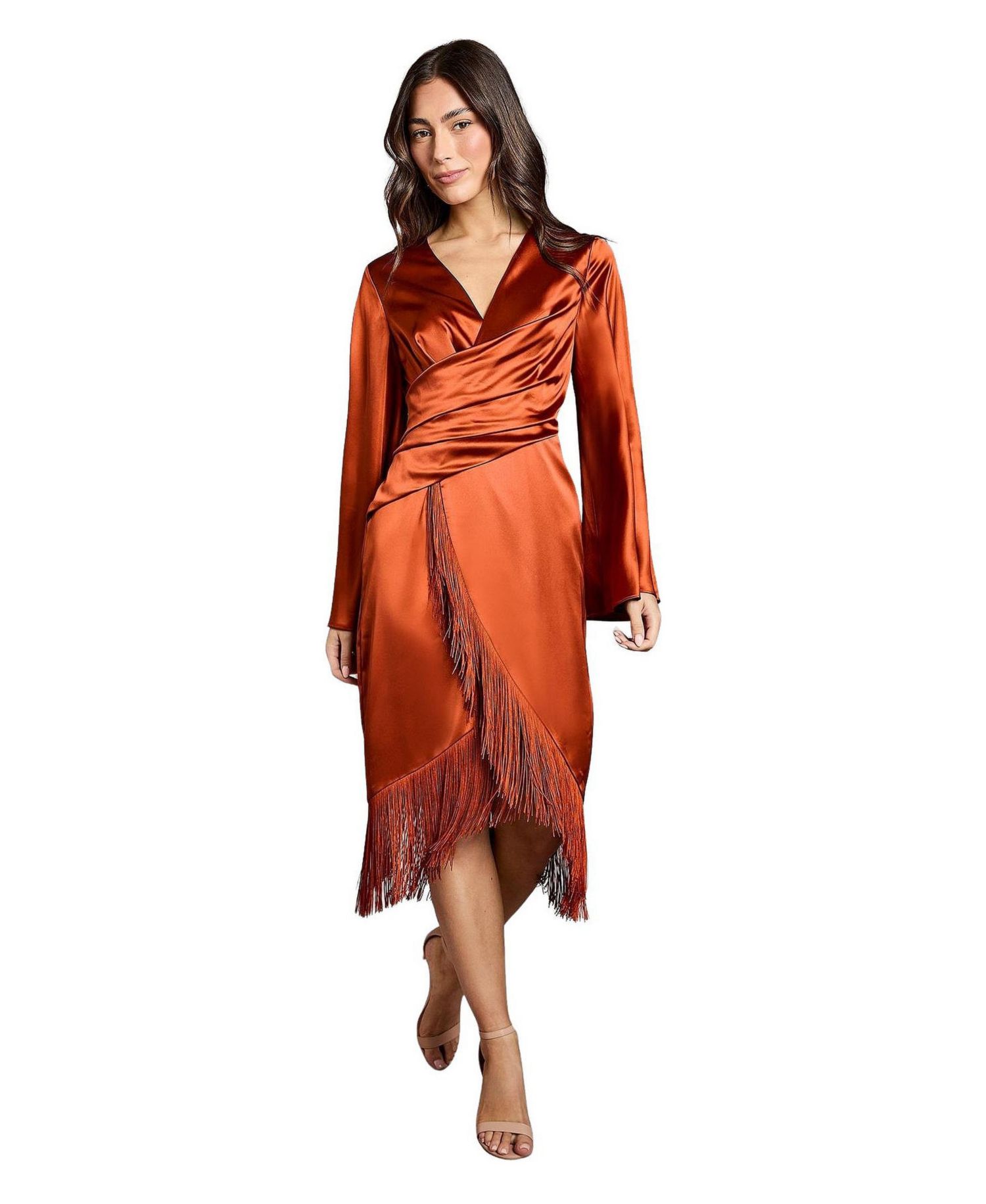 Women's Satin Fringe Hem Wrap Midi Dress