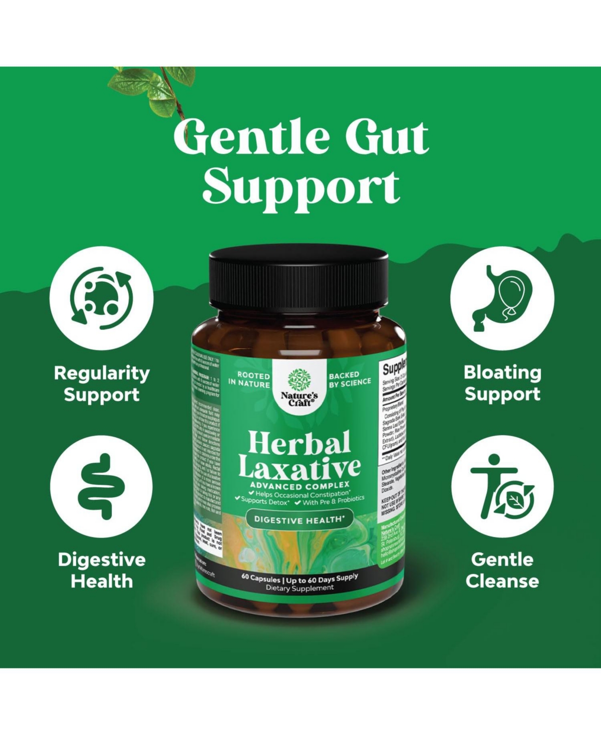 Nature's Craft Herbal Laxative Capsules with Probiotics, Senna Leaf, Psyllium and Aloe Vera, Gentle Constipation Relief for Men and Women, 60 Count