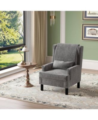 Chenille Wingback Accent Chair with Lumbar Pillow, Mid-Century Modern Reading Chair, Wood Legs