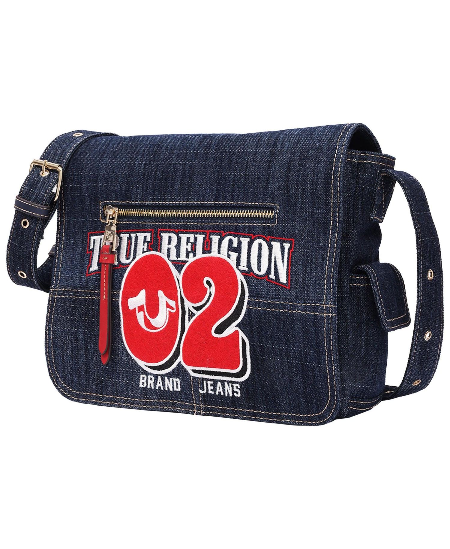 Women's Varsity Logo Zip Pocket Denim Messenger Bag – Dark Denim Crossbody Bag