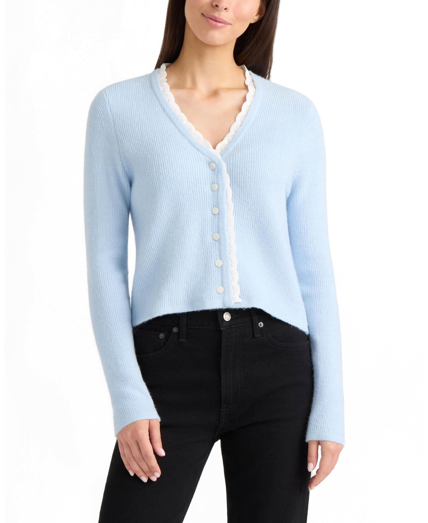 Женский кардиган Ellen Tracy Lace Trim V-Neckline Ribbed-Knit, цвет: Синий — фото 1
