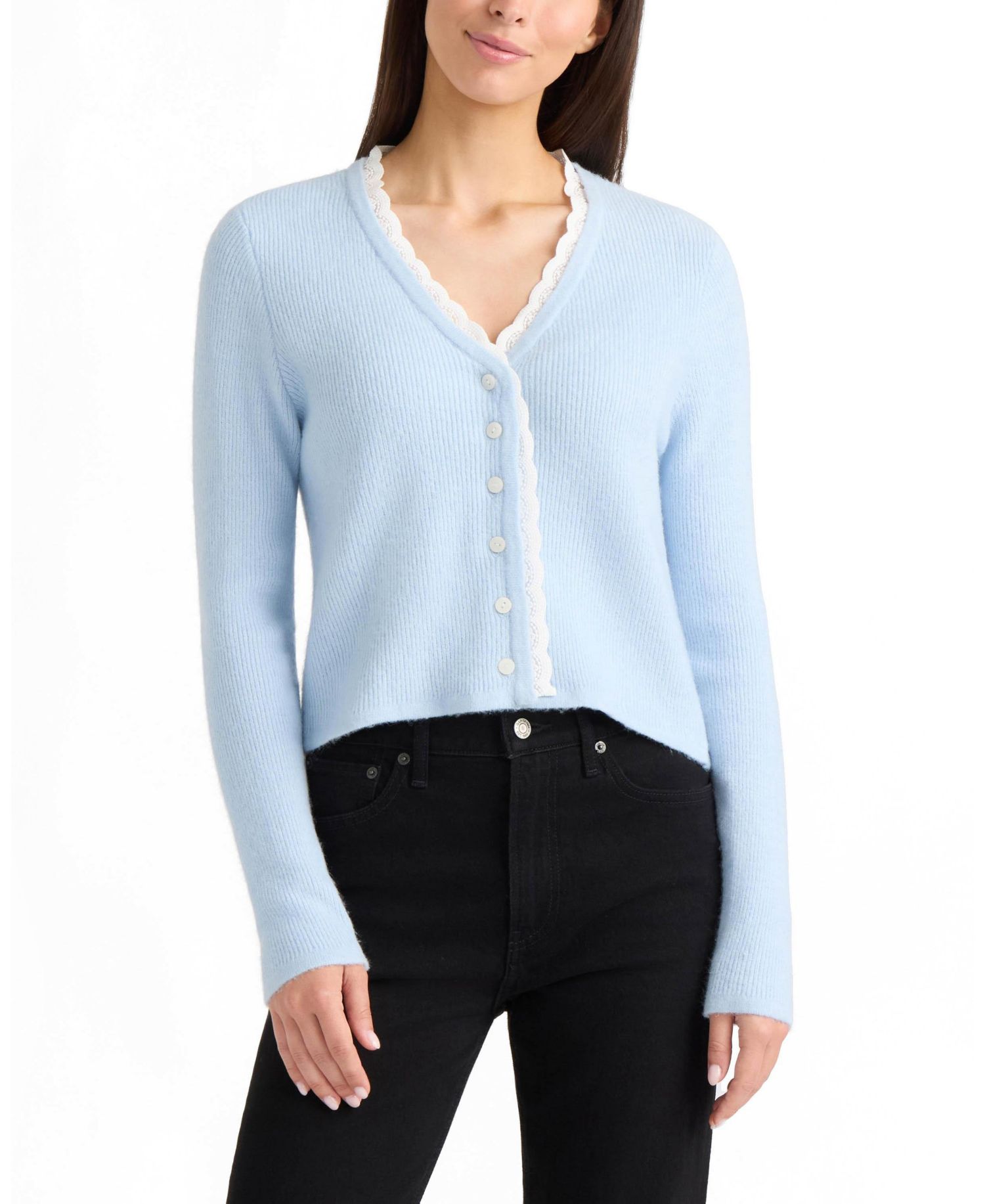 Women's Lace Trim V-Neckline Ribbed-Knit Cardigan