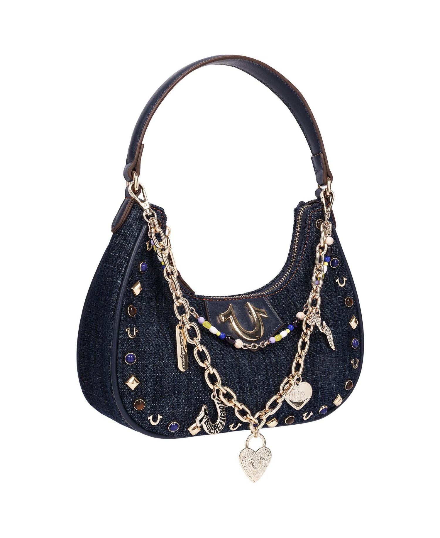 Women's Studded Denim Shoulder Bag with Removable Charm Chain